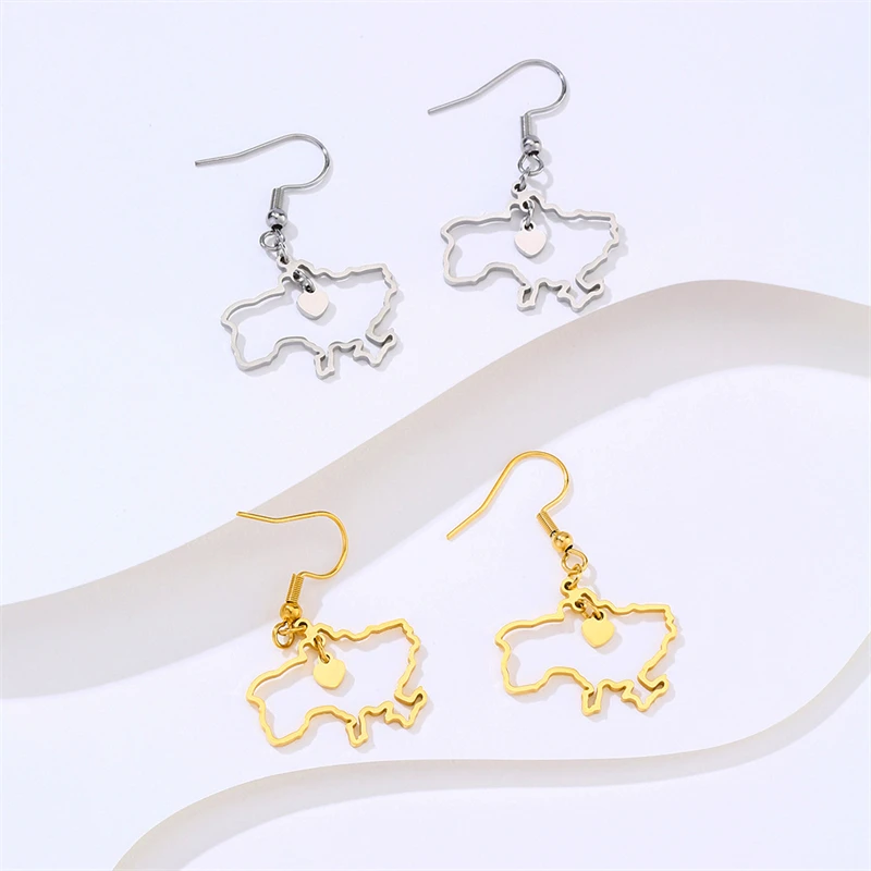 Ukraine Outline Drop Earrings for Women Titanium Steel Heart Ukrainian Symbol Pendant Dangle Earrings Fashion Jewelry Handmade