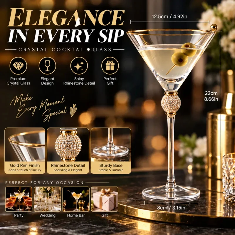 Wedding Gold Crystal Champagne Flute, Rhinestone Long Stem Wine Goblet, Elegant Martini Cocktail Glass Bar Home Decor Gift Set