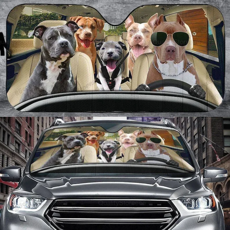 Pitbull Dog Family Car Sunshade , Funny Pitbull Car Sunshade, Pitbull Cute Car Sunshade, Gift For Him, Gift For Dad