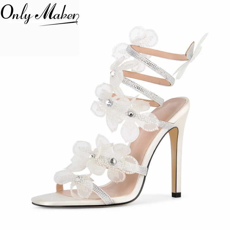 Onlymaker Women White Floral Stiletto Sandals  Mesh Rhinestone Wrap Around Ankle Strappy Heels Bridal Wedding Prom Party Sandals