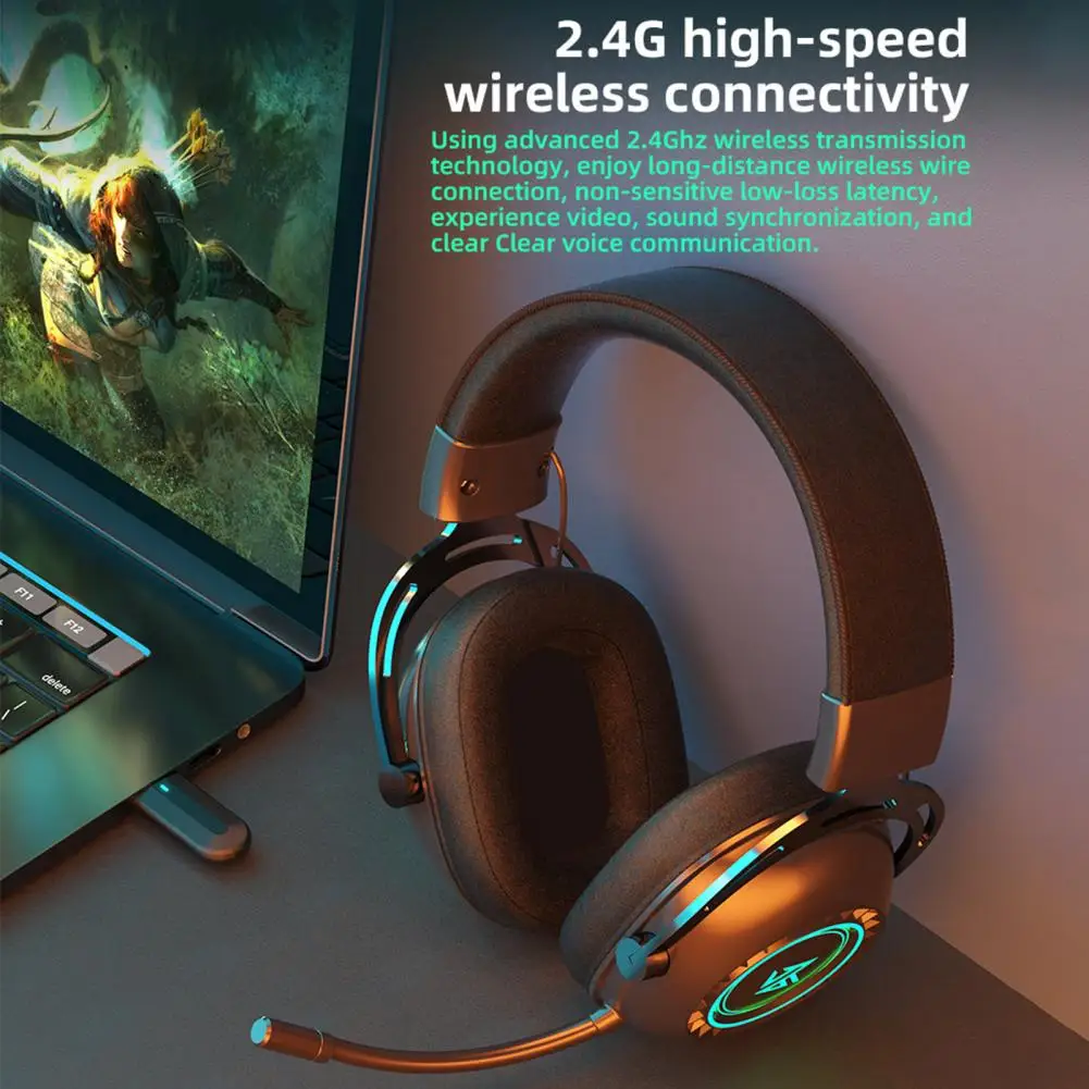 Practical Bluetooth-compatible5.0 2.4G Wireless Gaming Headphone Soft Ear Pads Headphone Stable Output for Computer