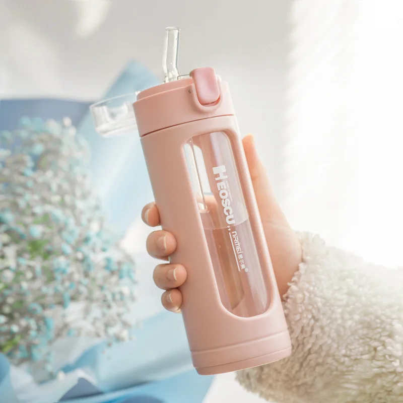 Double Portable Glass Water Bottle with Plastic Enclosure, Kawaii Cup, Tumbler with Straw, Gifts for Girls, Milk, Coffee, Juice