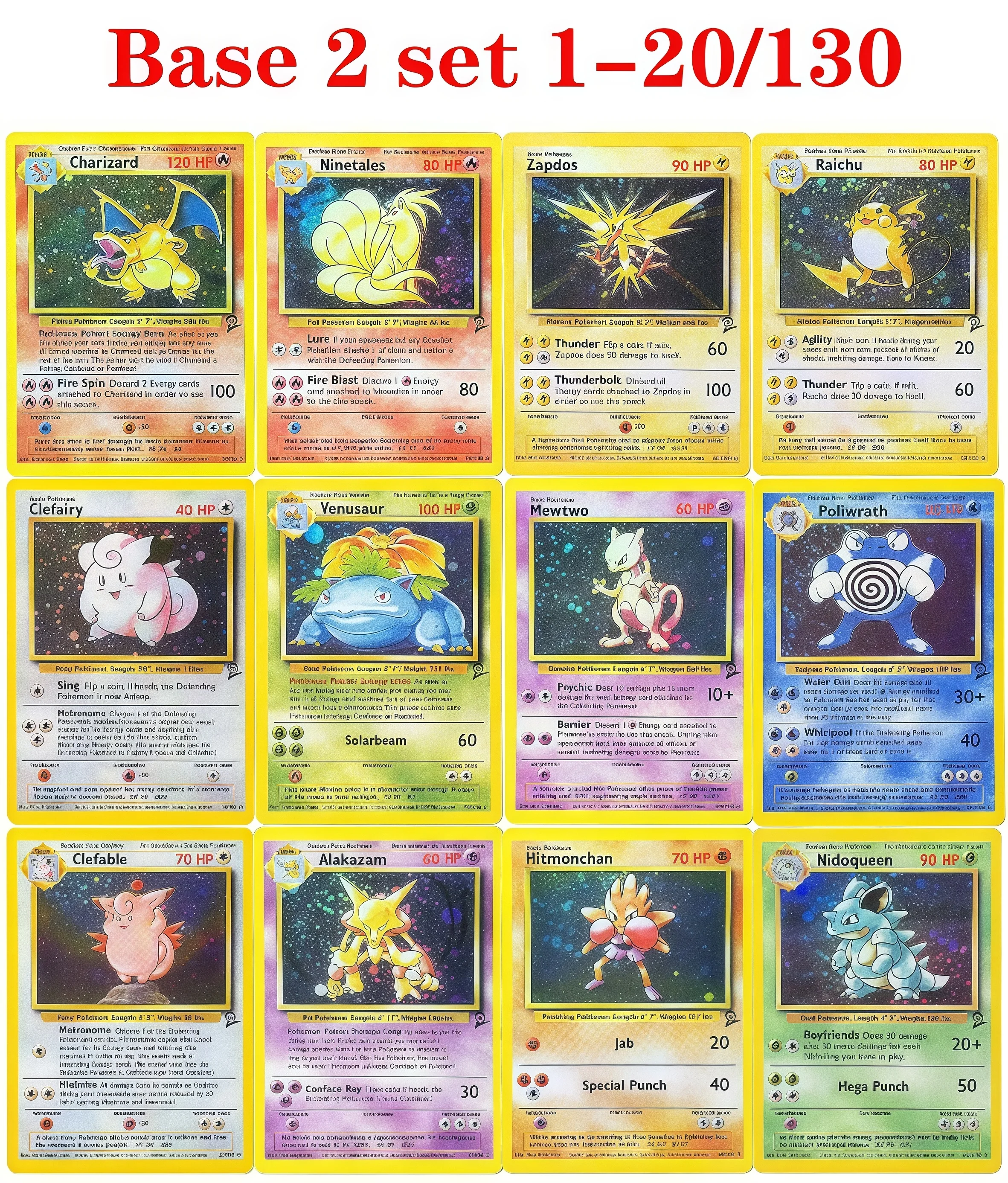 

Foil PKM Cards Proxy Base 2 set 1-20/130 Charizard Blastoise Mewtwo Zapdos Clefairy Collectible Trading Card for PTCG Battles