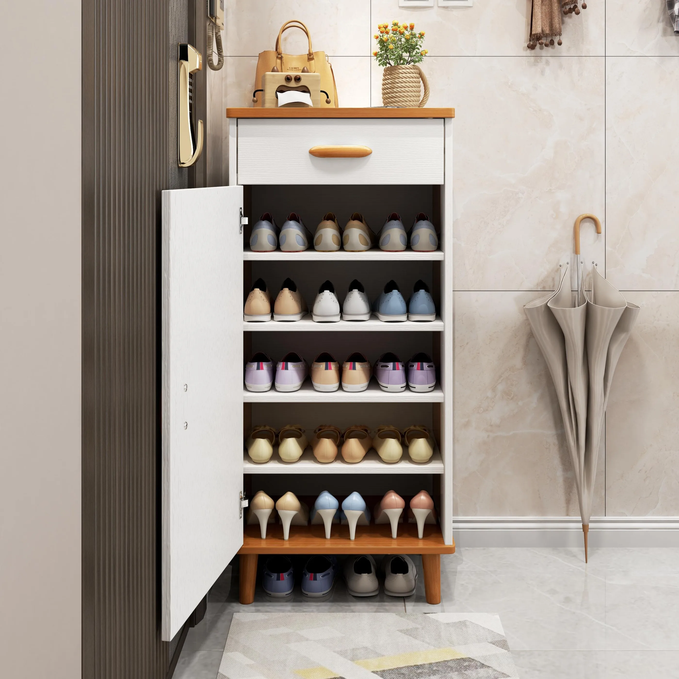 Nordic shoe cabinet household door storage porch side cabinet solid wood leg locker new 2025 explosion