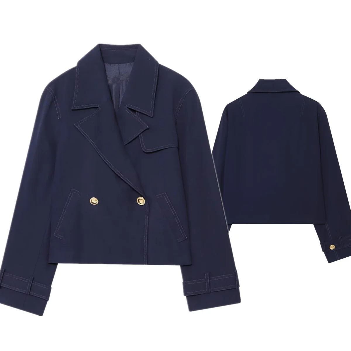 

Maxdutti Autumn Winter Coat Women British Style Double-breasted Short Jacket Minimalist Navy Blue Casual Windbreaker Jacket