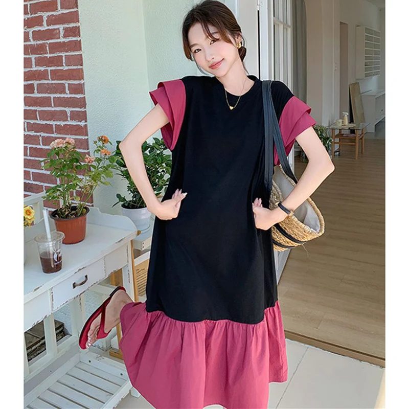 

Fashion O-Neck Spliced Folds Butterfly Sleeve Casual Dress Female Clothing 2024 Summer New Loose Sweet Short Sleeve Dresses