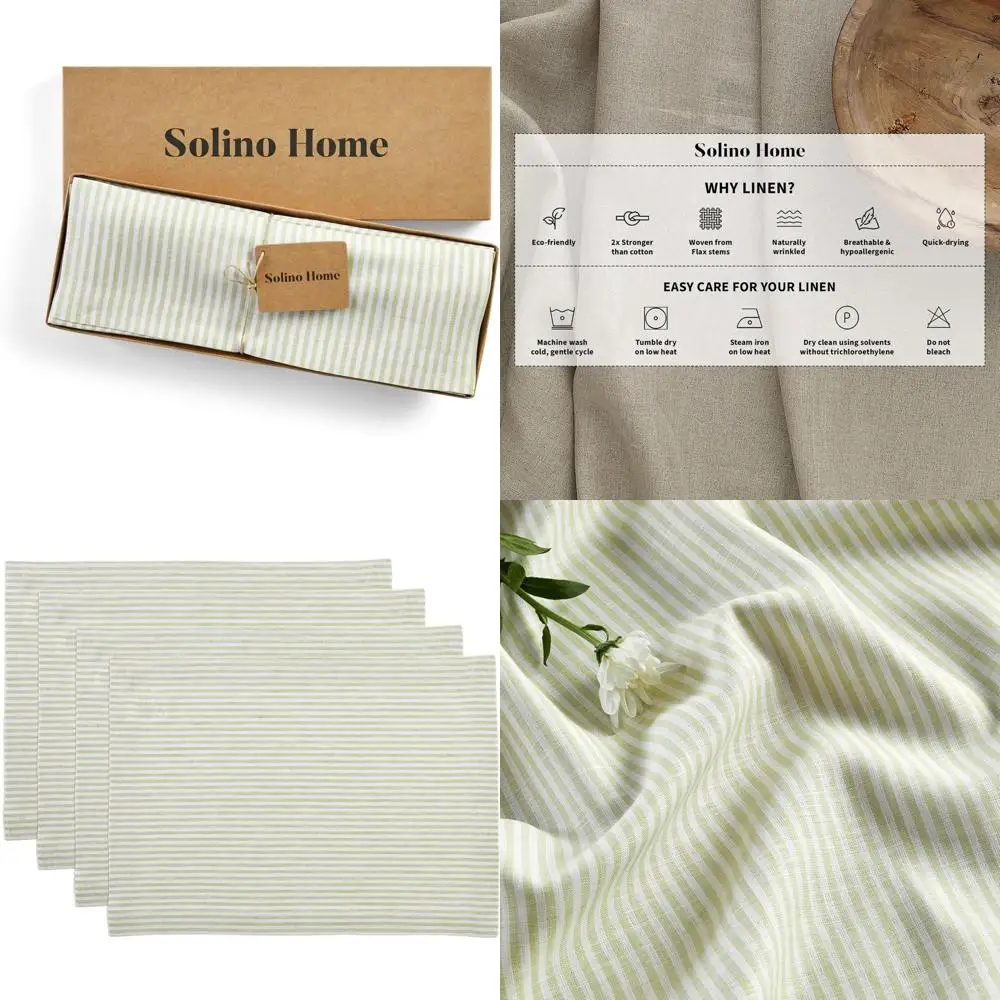 

Set of 4 14x19 Sage & White Striped Linen Placemats - Pure Linen for Holiday Celebrations