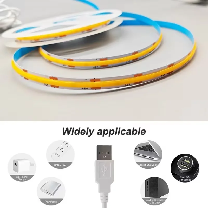 1 Rolle LED-Lichtstreifen mit Dreifach-Dimmer, Niederspannung 5V, keine Lichtpunkte, flexibler COB-LED-Streifen, USB-betrieben, einfacher Dreifach-Schalter, einstellbare Lichtstärke, geeignet für Raumbeleuchtung, Schränke, Küche und Badezimmer, Spiegel, TV, Computer-Hintergrundbeleuchtung, Live-Streaming-Make-up-Beleuchtung, Haus, Schlafzimmer, Treppen usw. – Detail 7