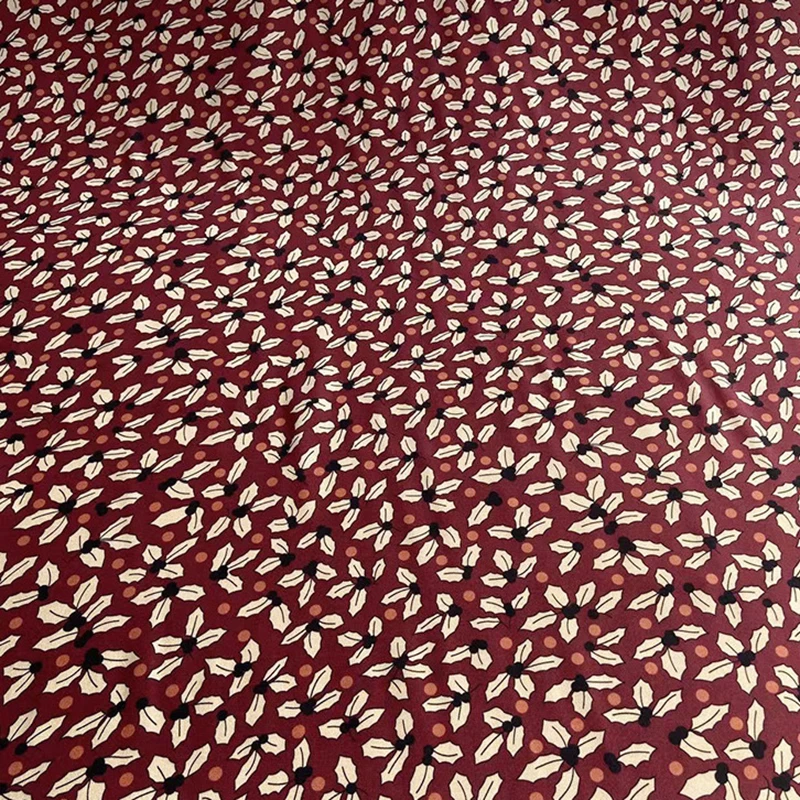 114CM Wide 16mm White Floral Printed Thin Dark Red Silk Crepe de Chine Fabric for DIY Sewing Comfortable Dress Pajamas C001-61