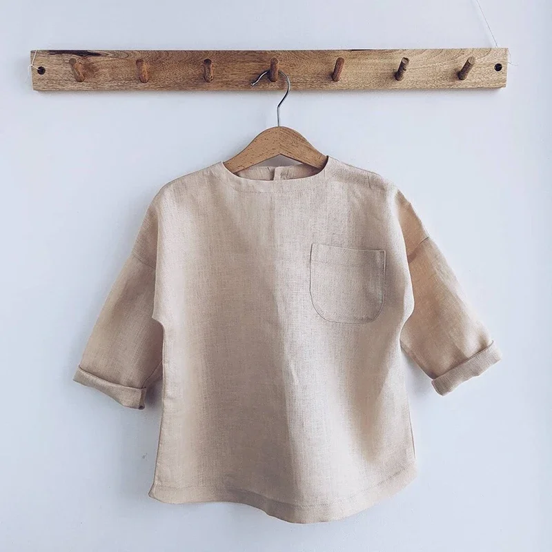 Boy\'s Linen Shirt Spring New Rustic Style Children\'s Round Neck Cotton And Linen Long Sleeved Solid T-Shirts With Pocket TZ410