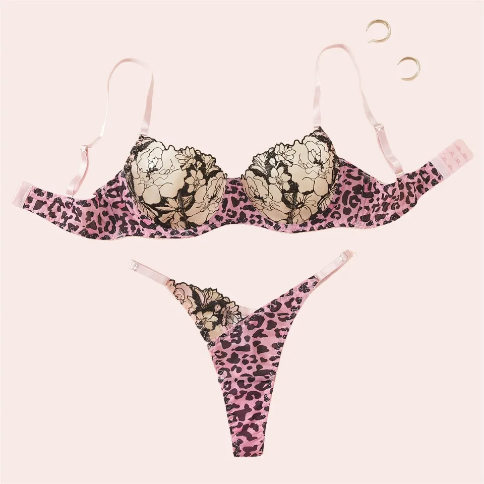 Ellolace Seductive Women's Lingerie Sets Wild Leopard Bra Thong 2PC Pink Romantic Patchwork Intimates Elegant Women's Underwear