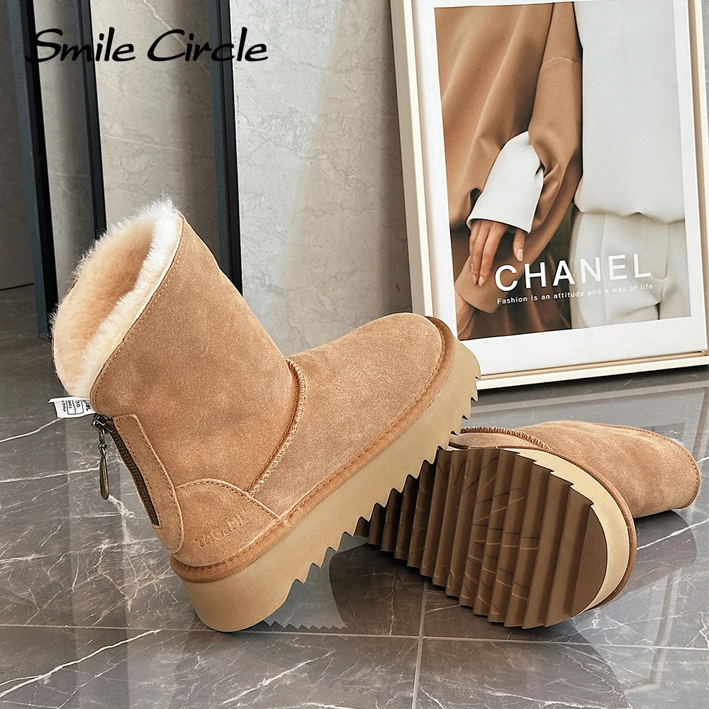 Smile Circle Women Snow Boots Suede Leather High Top Foldable Wool Winter Boots Warming Fur Platform Boots