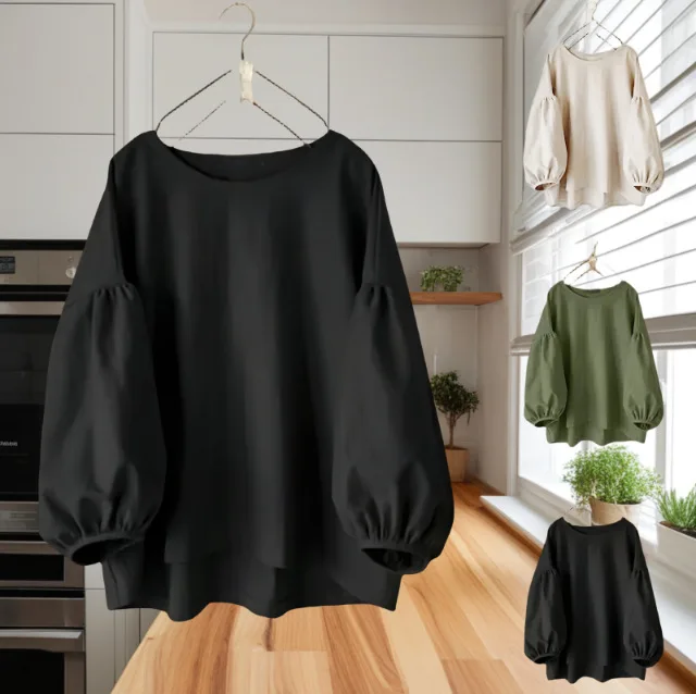 

Loose and Casual Solid Color Round Neck Long Sleeve Puff Sleeve Shirt
