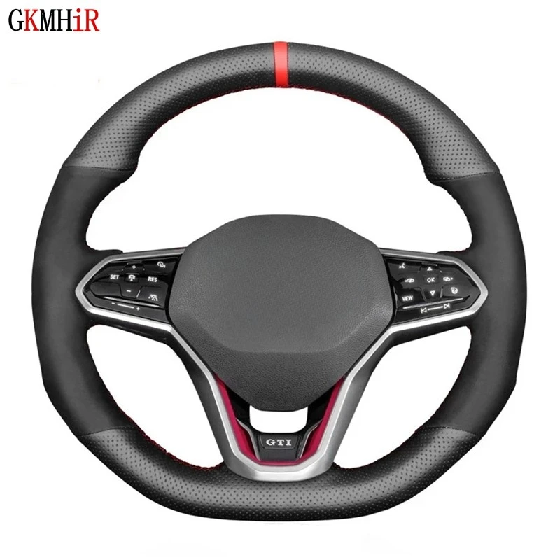 DIY Soft Black Genuine Leather Suede Car Steering Wheel Covers For Volkswagen VW Golf 8 MK8 GTI Golf GTE 2020-2021