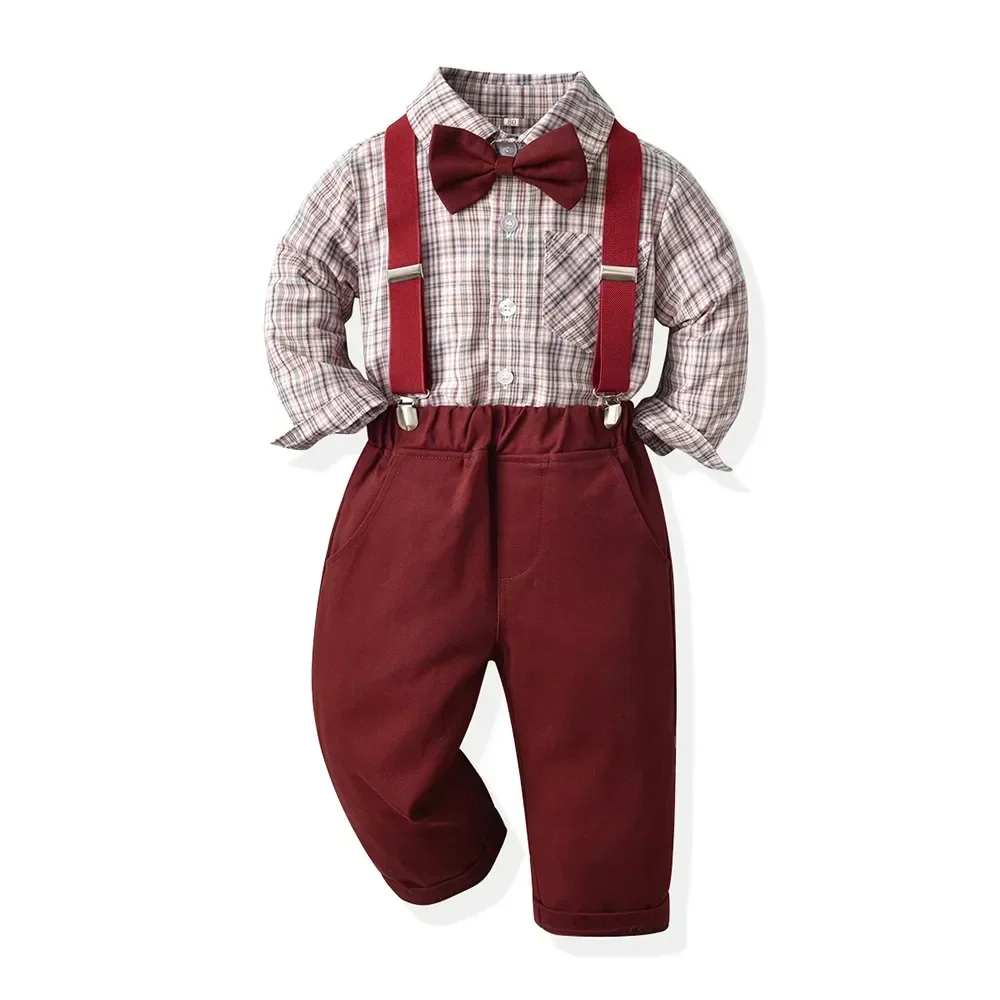 Boy\'s Autumn Long Sleeve Plaid Shirt and Strap Pants Set boy Boys\' Strap Pants Set boy red Strap Pants 70cm-160cm cotton shirt