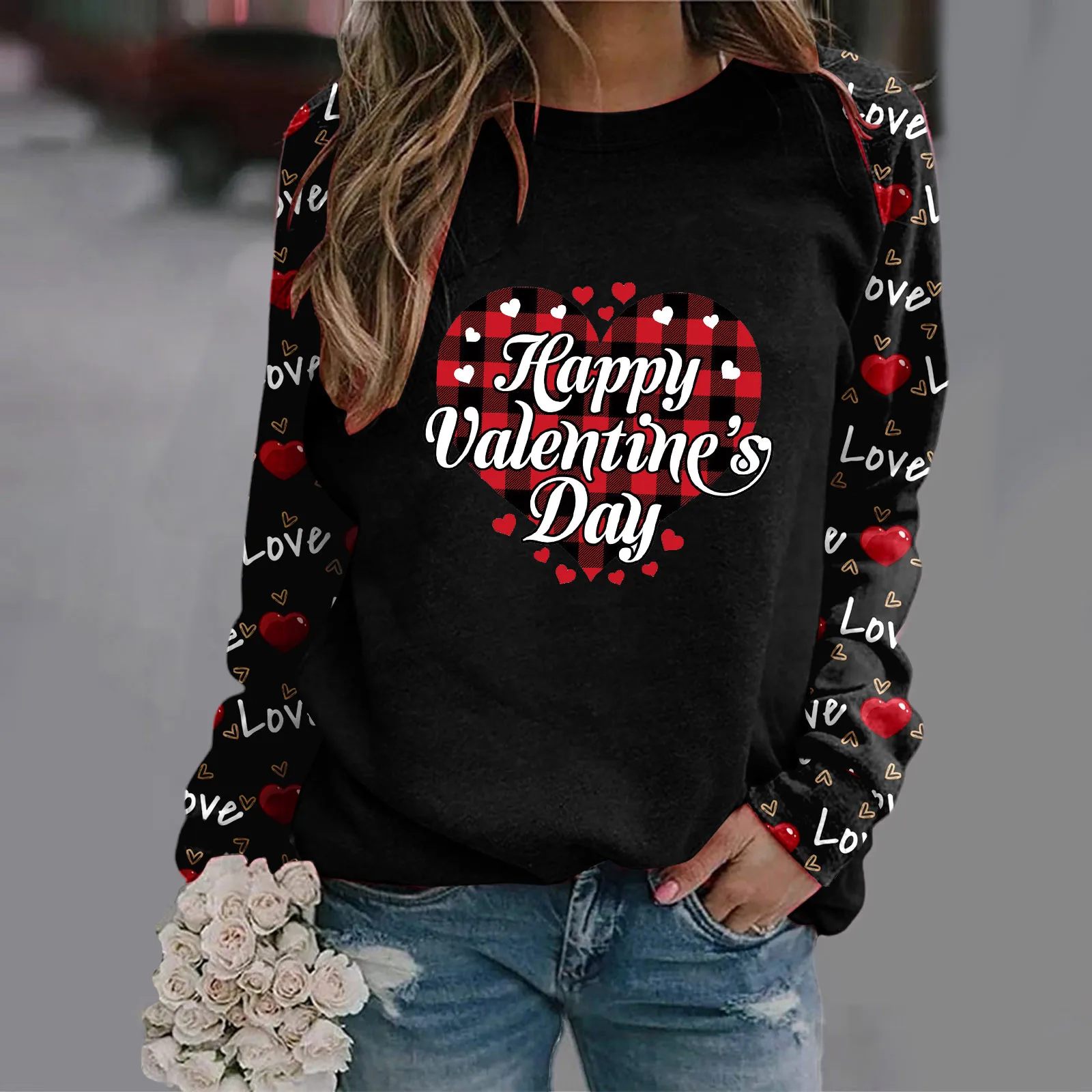 

Pocket Sweatshirt Women Valentine's Day Heart Printing Casual Pullover Sweatshirts Long Sleeve Sweatshirts Long Sleeve T Shirts