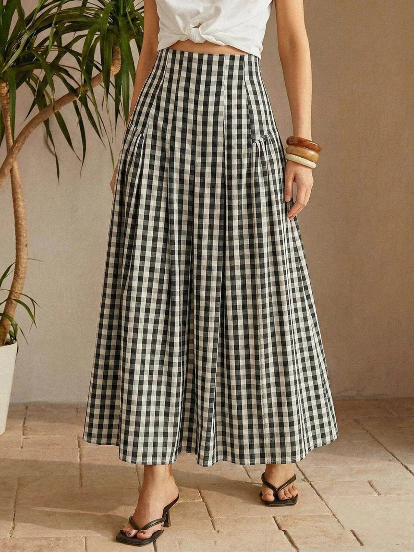 

Gingham High Waist Pleated Maxi Skirt, Casual Women's A-Line Flared Skirt With Pockets