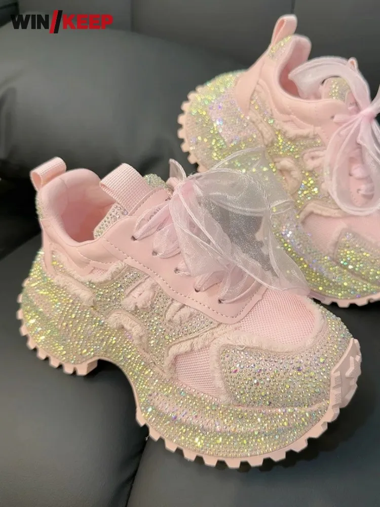 New Women Thick Bottom Mesh Surface Diamonds Platform Solid Color Lace Up Height Increasing Jogger Trainers Running Sneakers