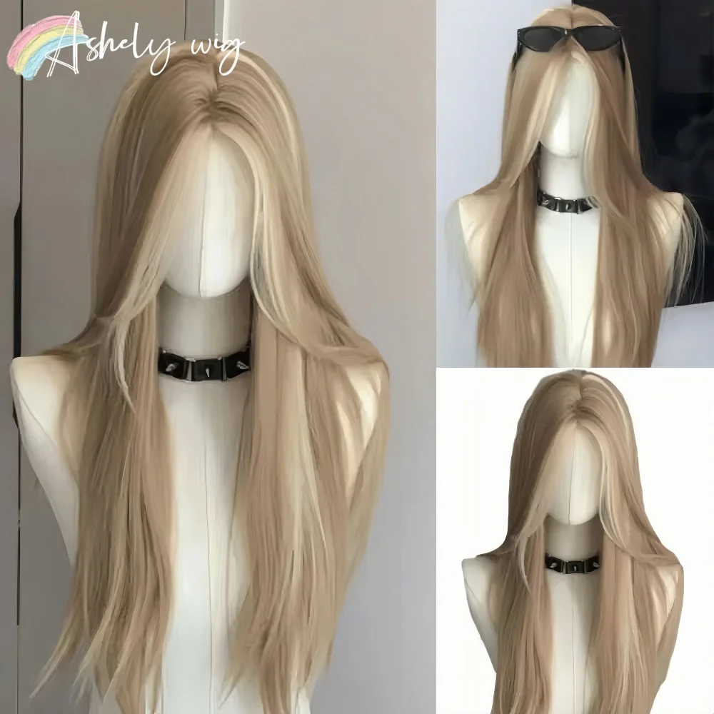 Ashely Wig for Women Long Straight Blonde Brown Wig Asian American High Style Lace Front Wig for Daily Use Cosplay Ombre  Peluca