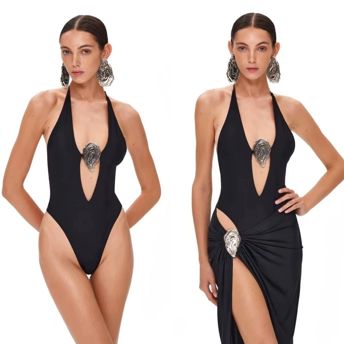 Sexy Deep V Neck Swimsuit With Skirt Women 2 Pcs Suits 2025 High Leg Backless Swimwear Fashion Female Holiday Beachwear Outfits