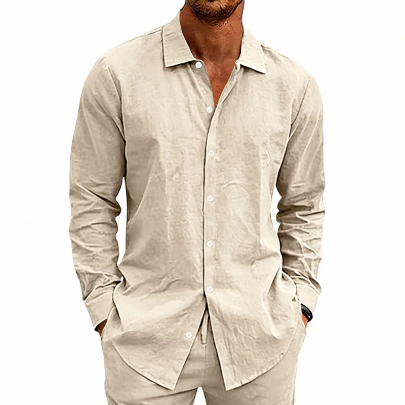Men Linen Long Sleeve Shirt Simple Casual Loose Fit Spring Autumn Hawaii Beach Vacation Lightweight Button Down Shirts