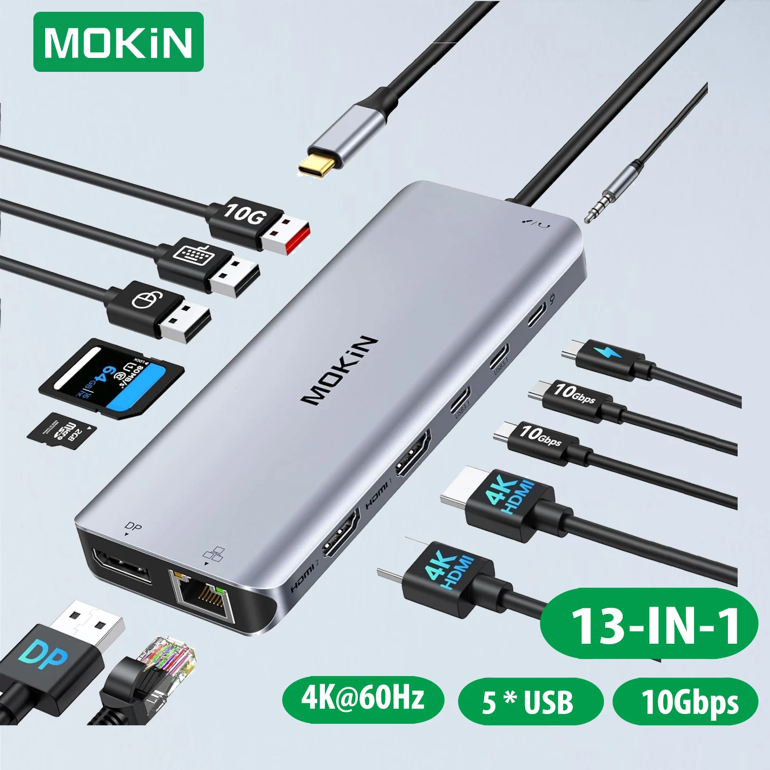 MOKiN USB C HUB 4K60Hz Type C to HDMI 4K DP 3 USB 3.1 Gigabit Ethernet  PD100W Docking Station for MacBook Pro Air M2 M1 usb hub