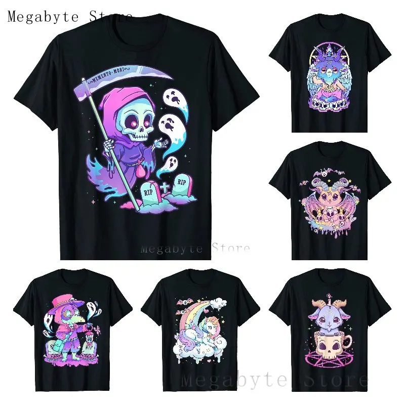 Skull and Crow Goat Retro Aesthetic Pastel Goth Art T-Shirt Women Kawaii Anime Clothes Hombre Camisetas Tops Vintage Men T Shirt