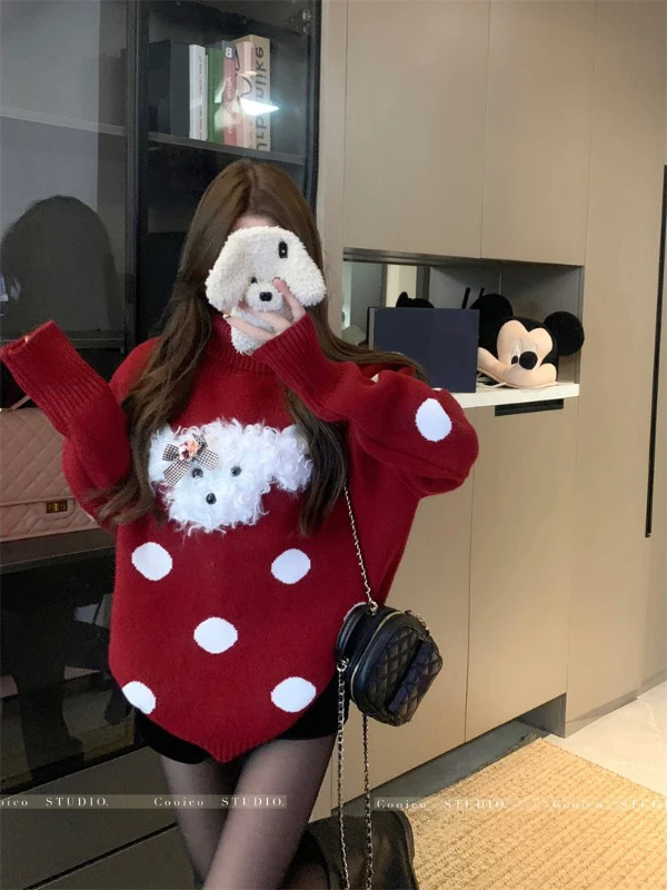 Women's Red Knit Pullover Sweater Cute Puppy Pattern Polka Dot Design Loose Top Winter Turtleneck Korean Trendy Commute Outfit