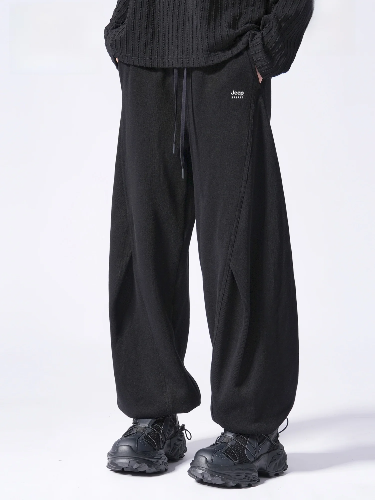 Black Knitted Sporty Wide Leg Pants Cuffed Summer Thin Casual Trousers for Men Breathable Comfortable Cotton Polyester Blend