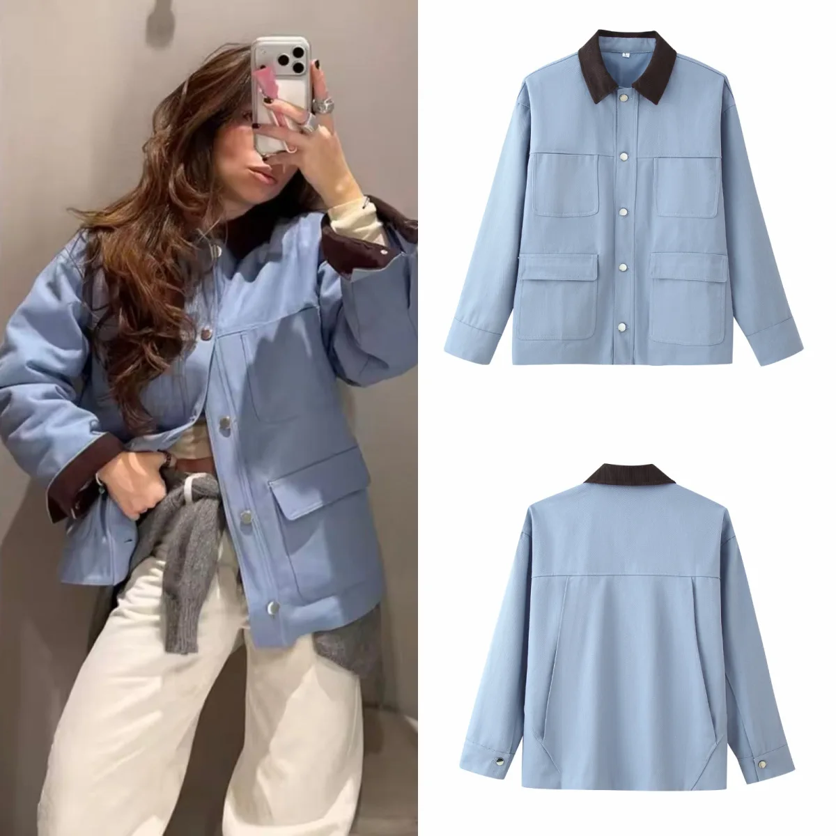 Fashionable Pocket Decorated Jacket Collar Splicing Cross-Border Women's Short Outerwear Pure Color Universal Summer Coat