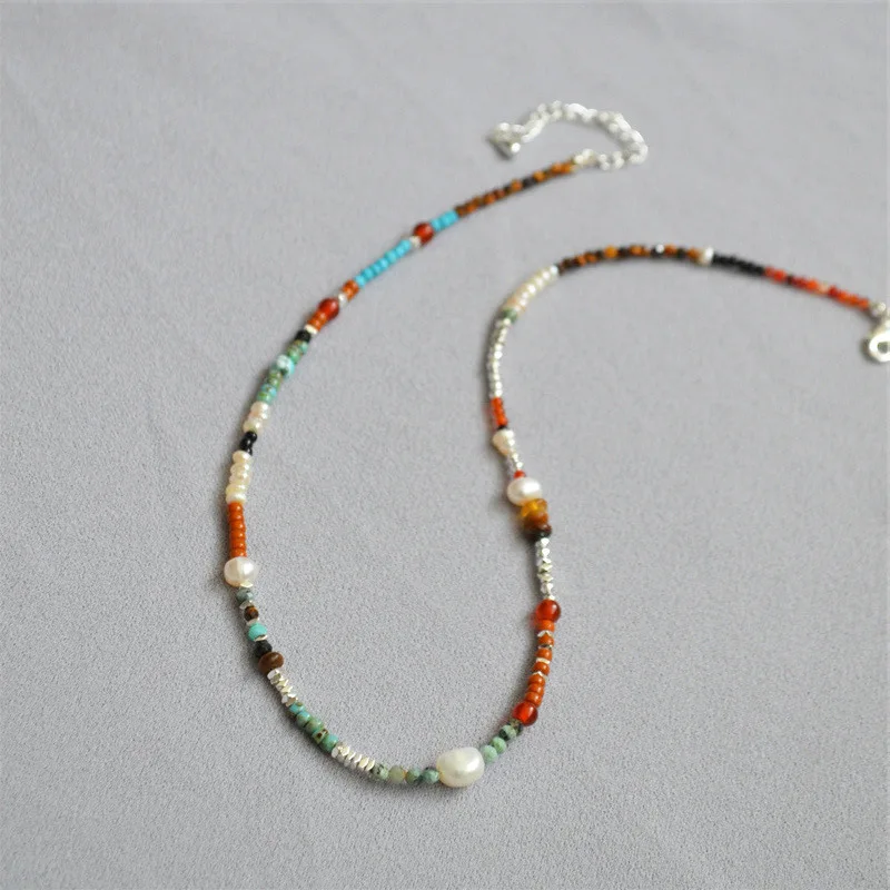 

New Chinese Style Retro Trendy Colorful Hand-beaded Necklace for Women Niche Design Freshwater Pearl Clavicle Chain Necklace