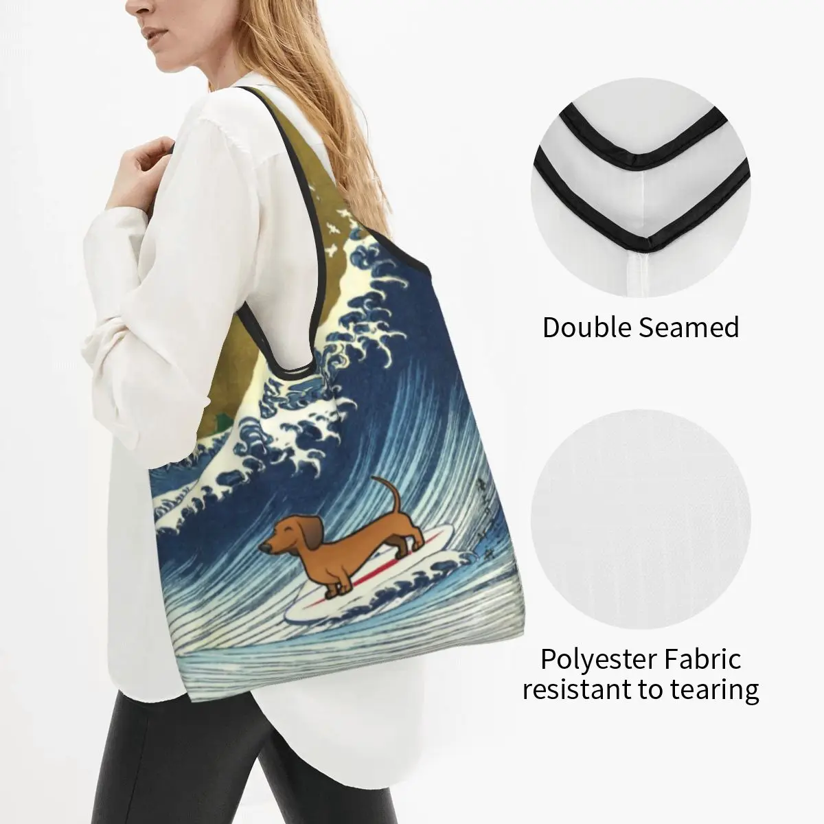 Cute Dachshund Weiner Dog Surfing Groceries Shopping Tote Bag Women Cute Puppy Wave Shoulder Shopper Bag Big Capacity Handbags