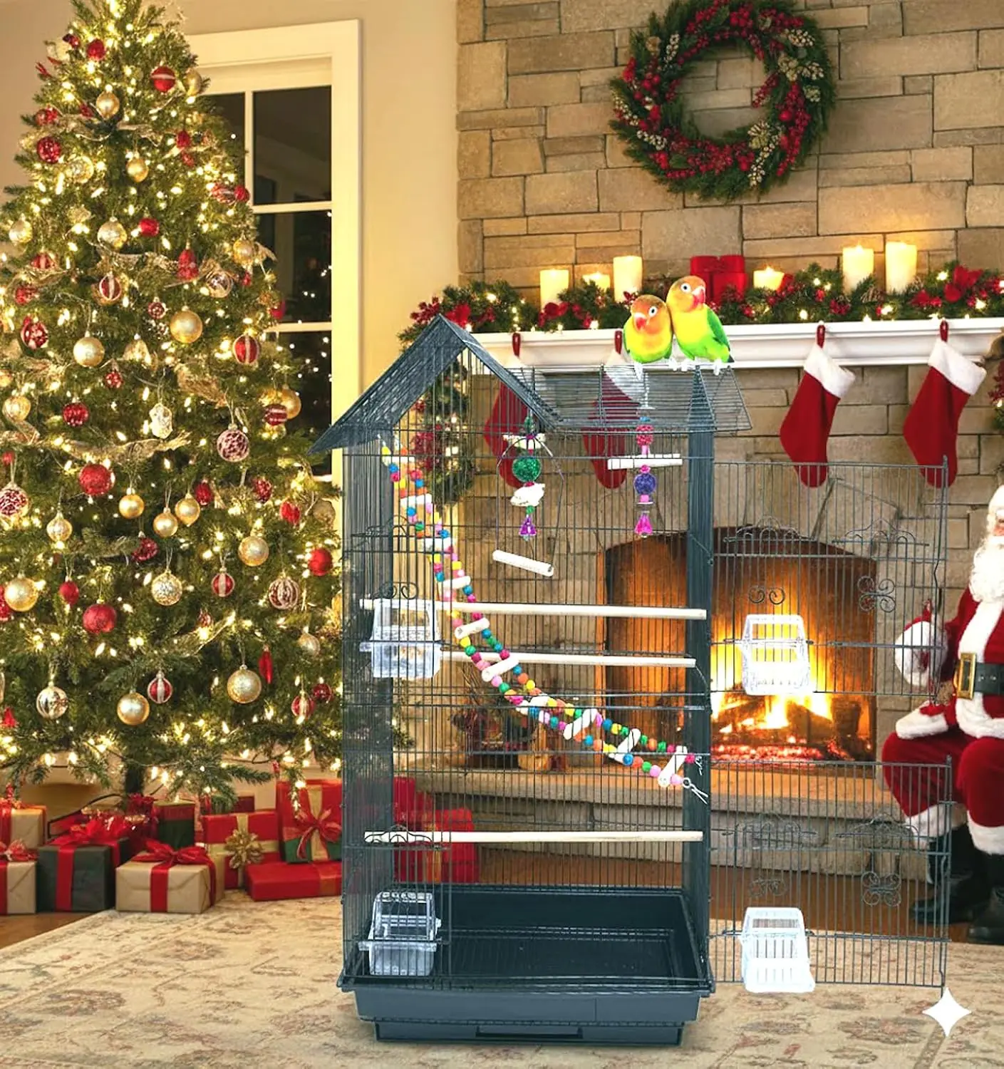 

38-Inch Double Roof Bird Cage with Toys, Ladder, Nesting Box for Parakeets Conures Canaries
