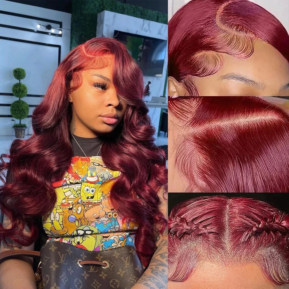 Perruque Lace Front Wig Body Wave brésilienne naturelle, cheveux humains, rouge bordeaux 99J, 13x4, en solde, pour femmes