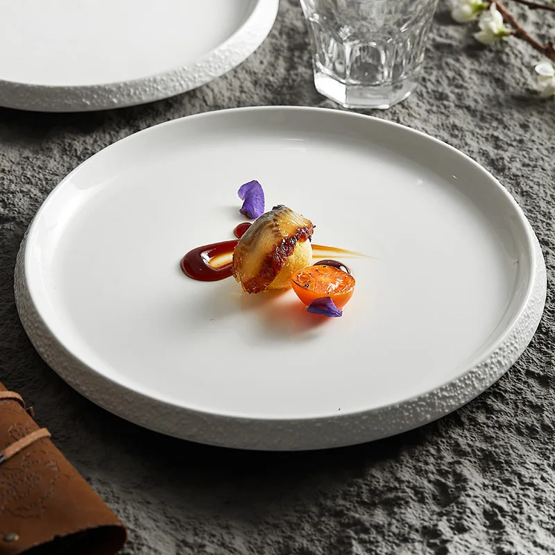White Porcelain Featured Hotel Tableware Stone Pattern Edge Creative Household Ceramics Artistic Cuisine Steak Western Plate