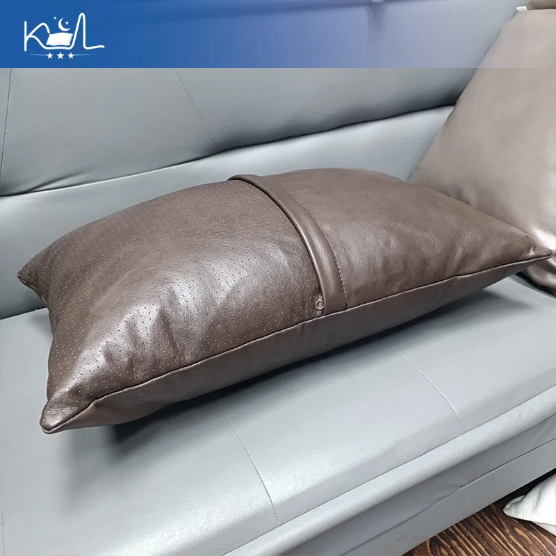 Double-Sided Top Grain Cowhide Pillow Cover, Brown Genuine Leather Throw Pillowcase, Soft Lumbar Back Cushion Cover
