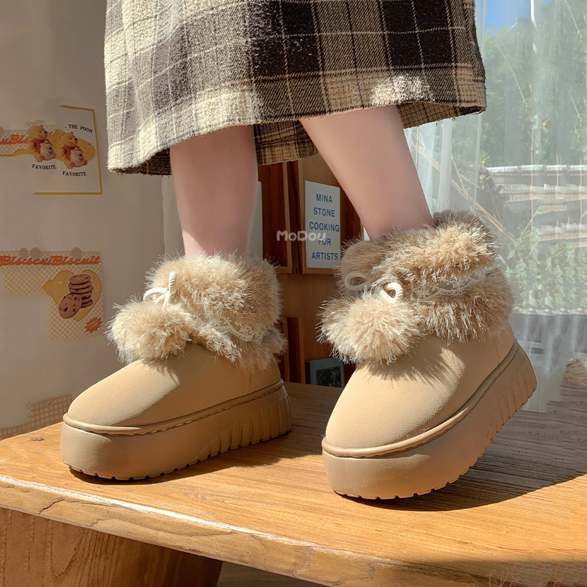 Zapatillas De Algodón Cálidas Para El Hogar De Invierno Para Mujer Con Tacón, Botas De Nieve Altas De Felpa Para Exteriores_voghion.com