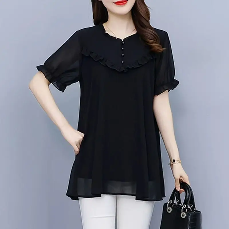 Summer Short Sleeve Shirt Women's Loose Fit Thin Black Top Fashionable Ladies' Shirt Large Size Button Detail Gathered Hem
