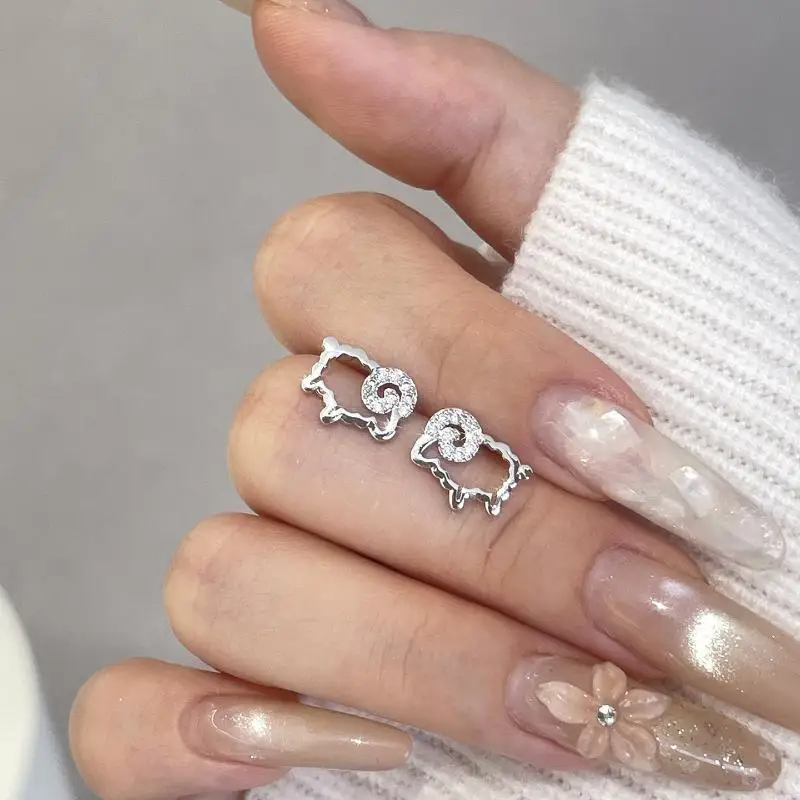 1 Pair Korean Simple Hollowed Cute Sheep Zircon Stud Earrings For Women Personality Party Friends Cute Jewelry Gift