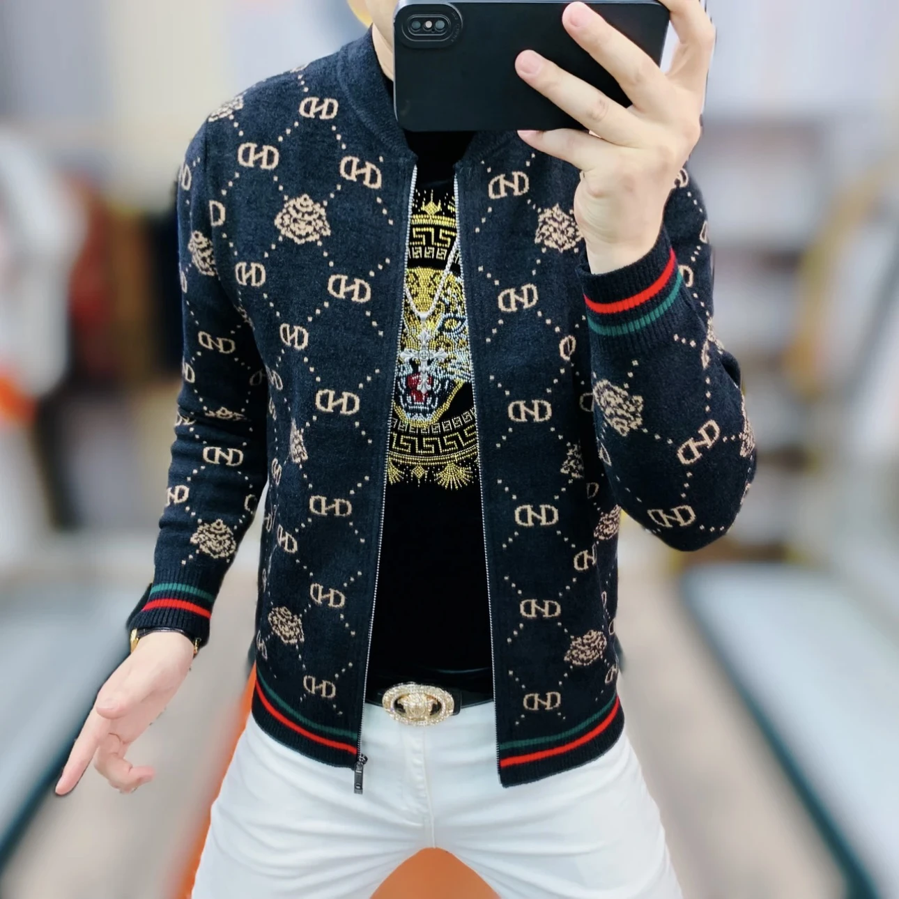 

Velvet Knitted Baseball Collar Zipper Jaet Men's Youth Faion Slim Fit Embroidery Autumn Outerwear Long Sve Thermal