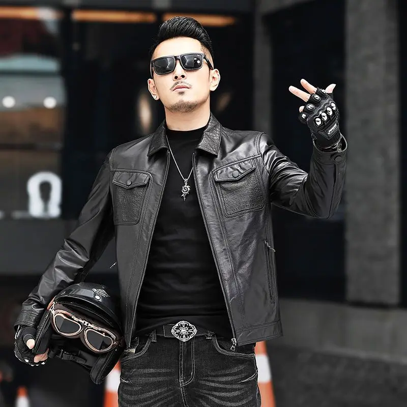 

2022 Men Spring Autumn New Lapel Motorcycle Jackets Male Genuine Cow Leather Coats Men Solid Color Real Leather Outerwear N97