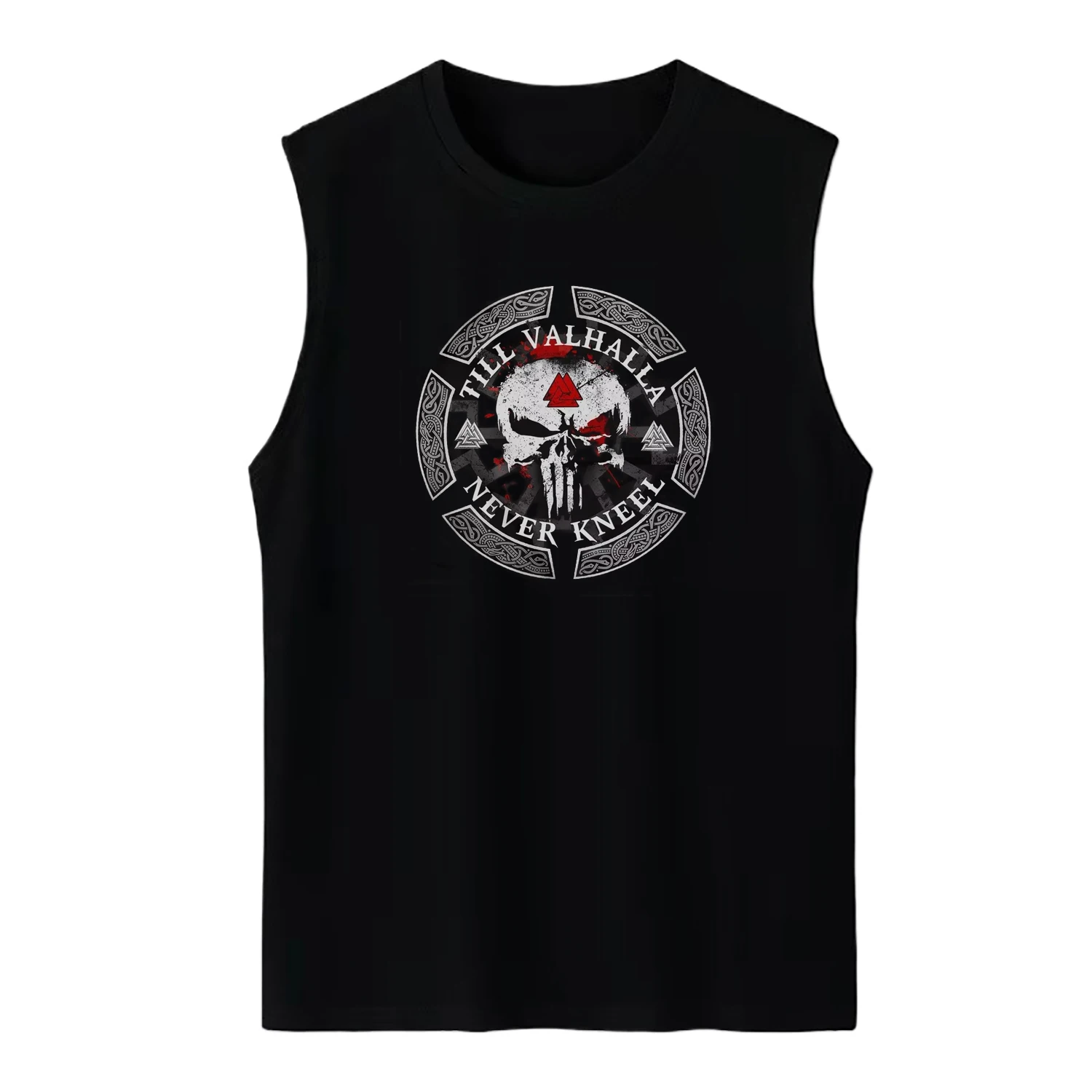 Till Valhalla, Never Kneel. Blood Valknut Rune Skull Nordic Warrior Tank Top 100% Cotton O-Neck Casual Mens Vest Sleeveless Tee