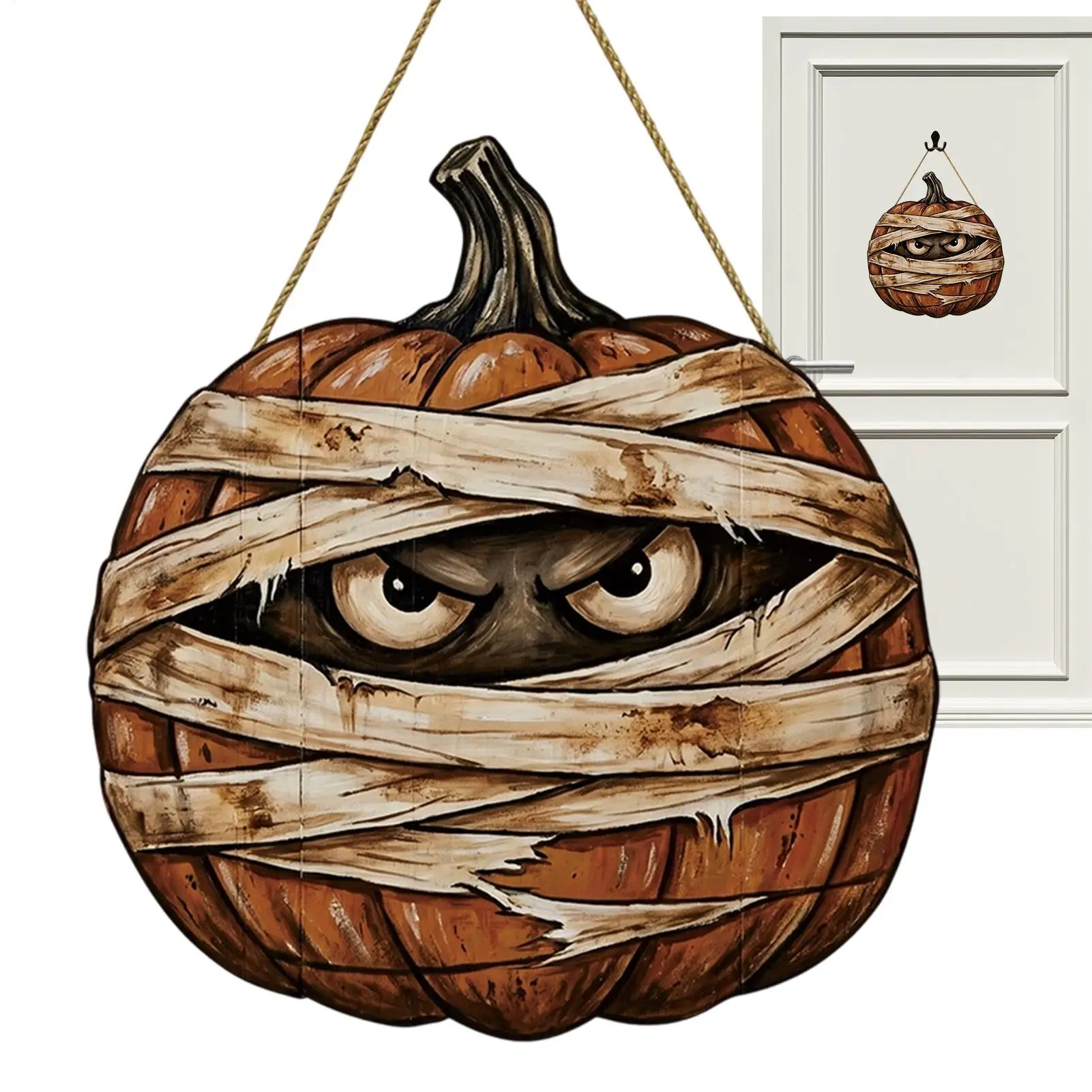 Halloween wooden pumpkin wall Door Spooky Funny Vintage bandage pumpkin ghosts face with Rope Pumpkin Front Door Sign