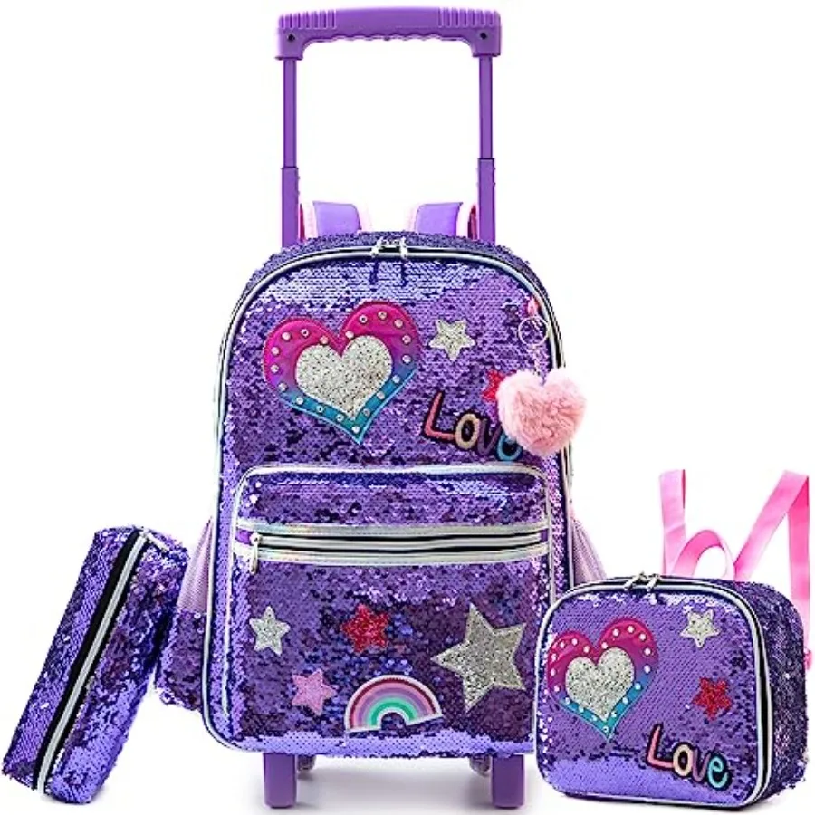 

Rolling Backpack for Girls School Backpack with Wheels Sequin Roller Luggage for Elementary Kindergarten Students with Lunch Bo