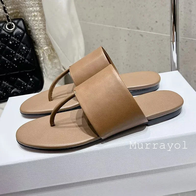 New Pinch Toe Genuine Leather Flat Heels Slippers Women  Solid Color  Thin Hight Heels Slides Summer Seaside Vacation Shoes