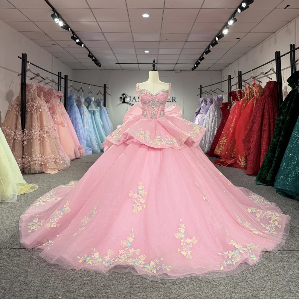 

Romantic Pink Quinceanera Dress Vintage Removable Train Organza Matching Floral Glitter Tulle Ball Gown vestidos de 15 quinceañe