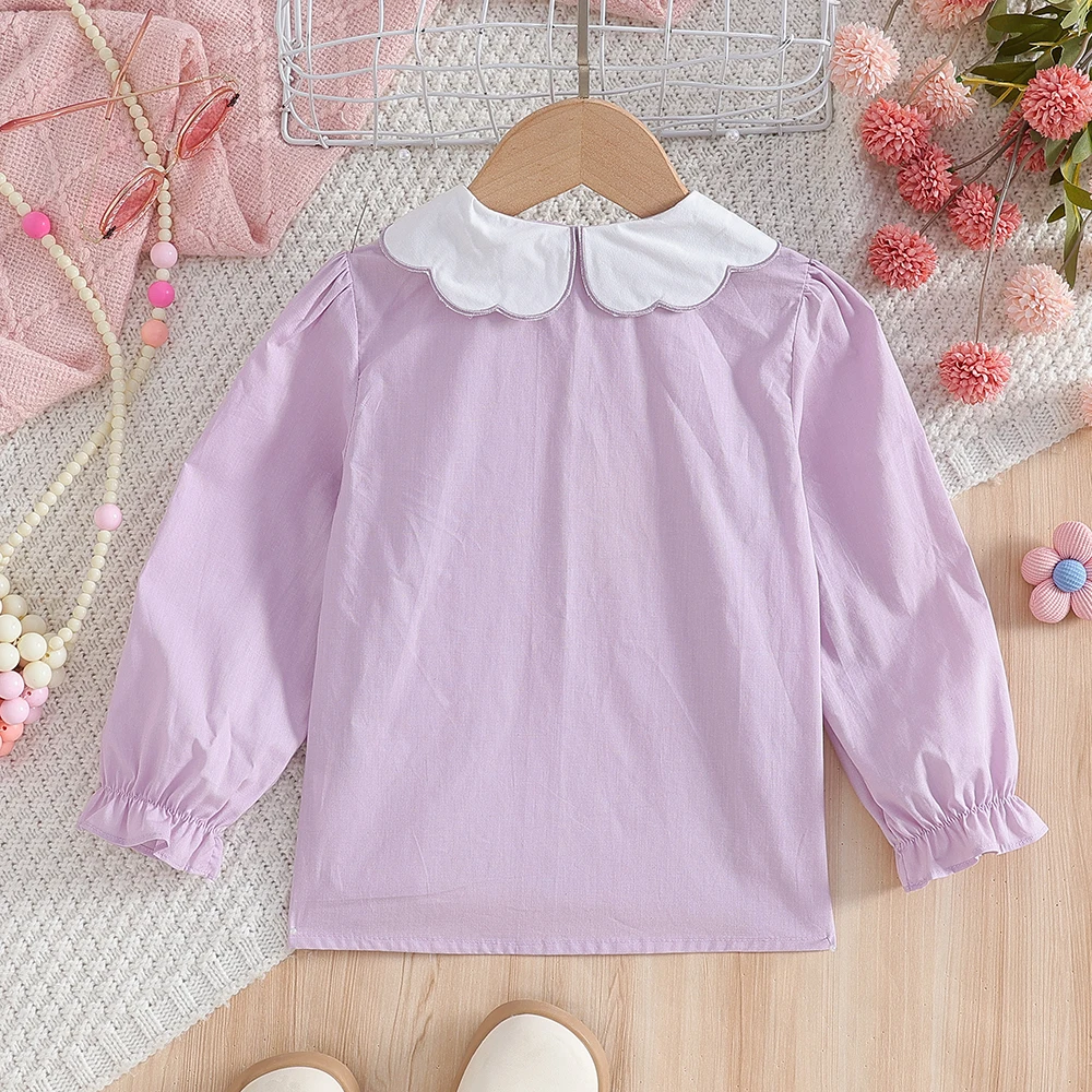 Toddler Girls' Purple Blouse Long Sleeved with Rabbit Embroidery Peter Pan Collar Spring Autumn Kids Clothing 2-6 Years