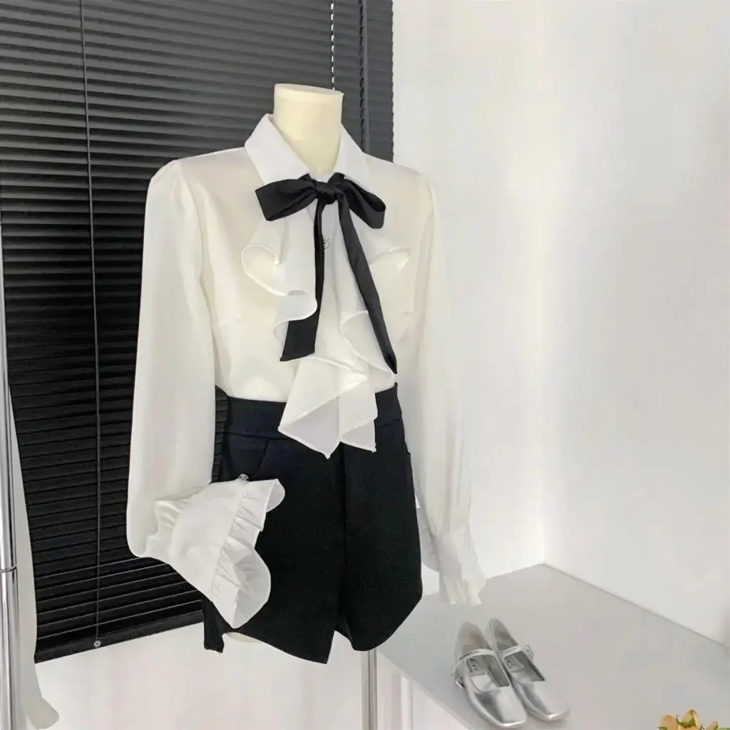 2024 Spring New Women White Shirt Bow tie Ruffle Satin Blouse Single-breasted Workwear OL Tops Blusa B176