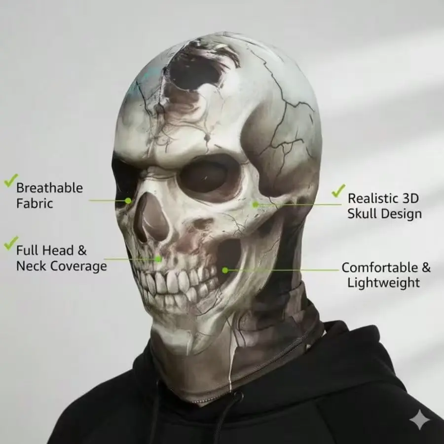 1PC Scary Skull Full-Face Mask 3D Printed Hood, Breathable Neck Cover Mask, Great for Halloween Parties and Cosplay