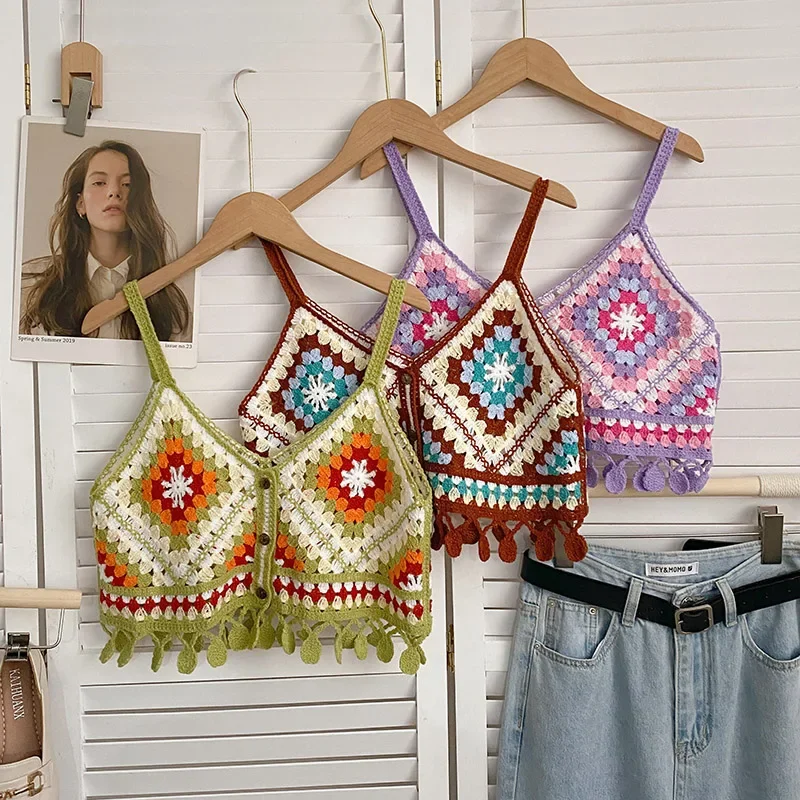 

ITOOLIN Women New Embroider Button Tank Top Vintage V-neck Tassel Sleeveless Cardigan Seaside Hollow Loose Vacation Crop Top